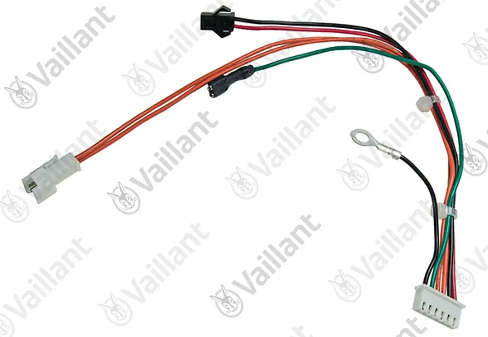 Vaillant Kabelbaum mit mehreren Drähten, darunter ein weißer Stecker und eine ringförmige Anschlussklemme, zur elektrischen Verbindung in Heizsystemen.
